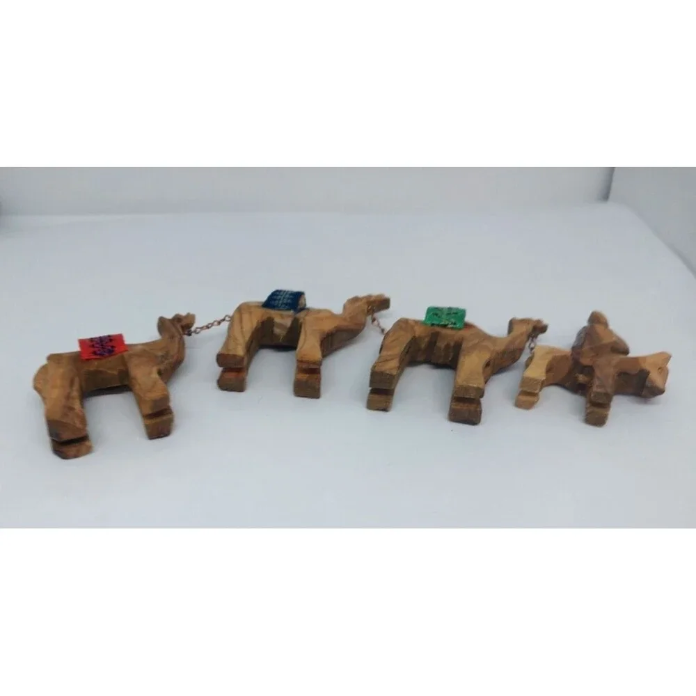 Vtg Donkey Camel Caravan Train Figurines Hand Carved Olive Wood Jerusalem 4 pc.